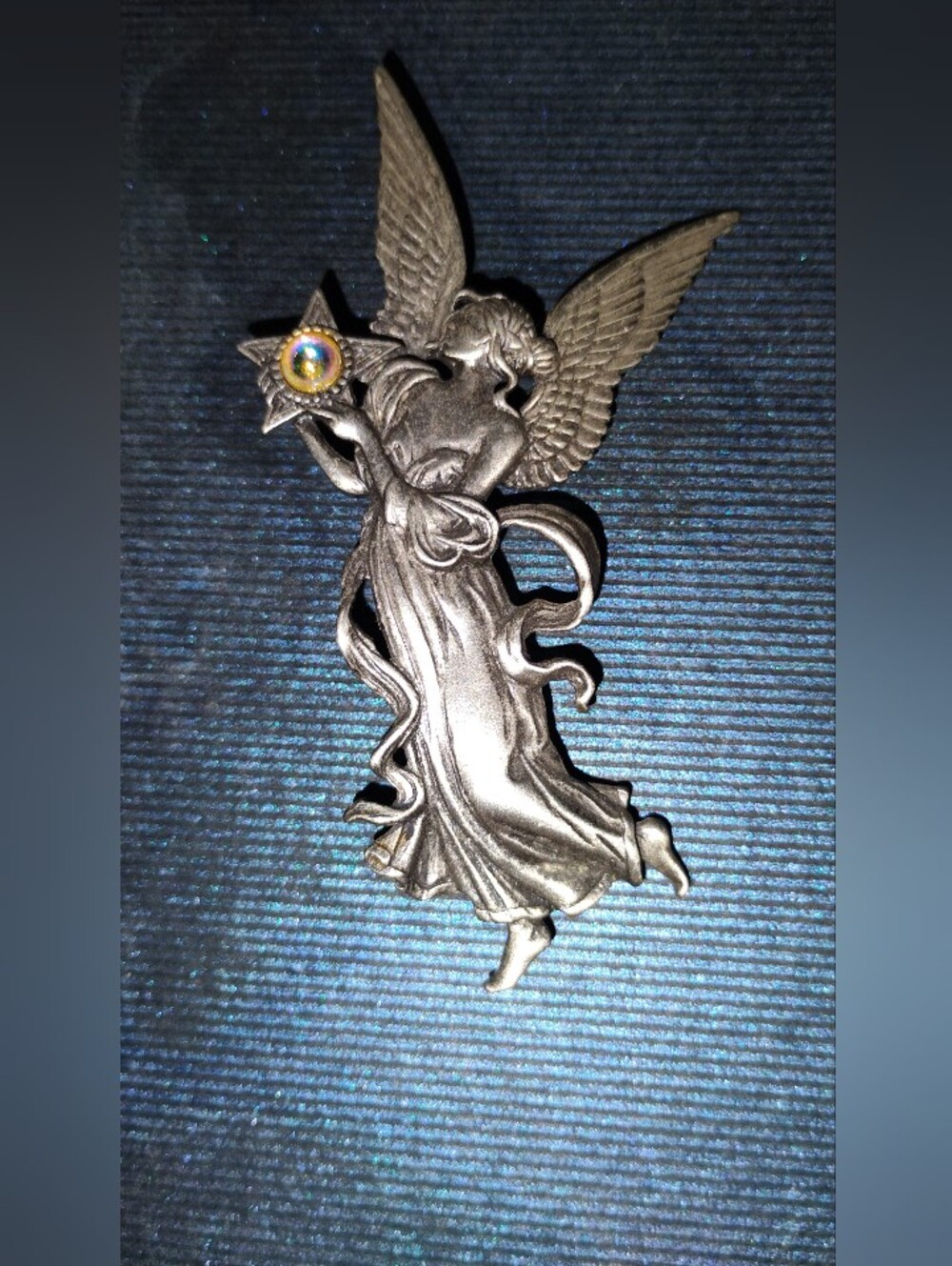 Vintage JJ Pewter Flying Angel Brooch Pin Star Aurora Borealis Rhinestone